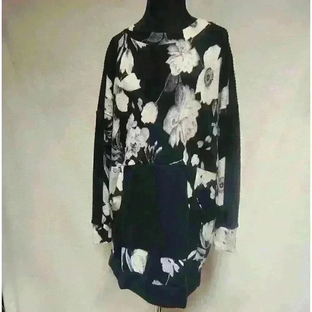 White Birch Small Cozy Fleece & Knit Tunic Hoodie Pocket Front Black Grey Cream
